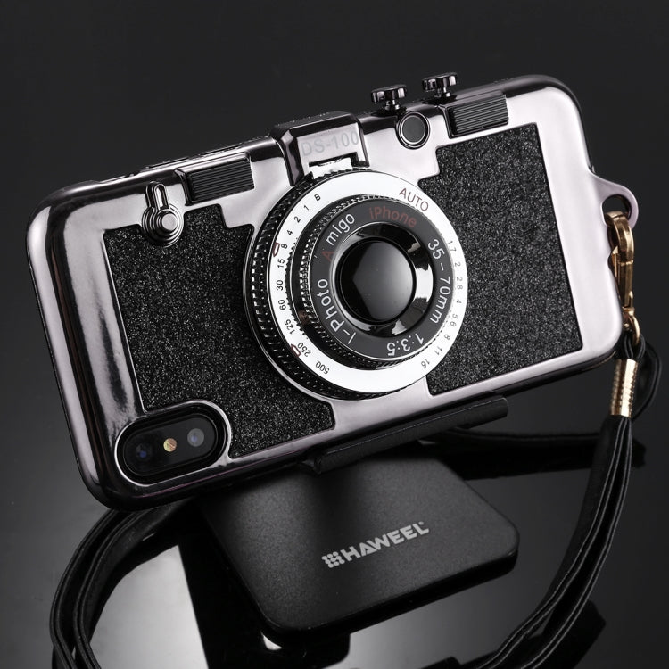 For iPhone X / XS TPU Camera Shape Mirror Glitter Protective Back Cover Case  with Holder & Lanyard(Black)