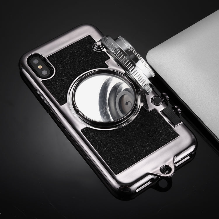 For iPhone X / XS TPU Camera Shape Mirror Glitter Protective Back Cover Case  with Holder & Lanyard(Black)