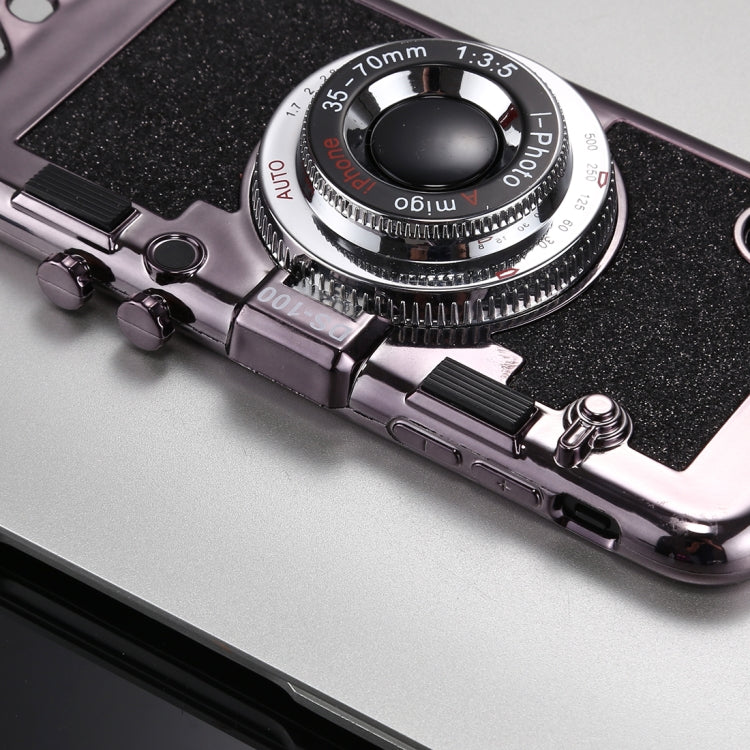For iPhone X / XS TPU Camera Shape Mirror Glitter Protective Back Cover Case  with Holder & Lanyard(Black)