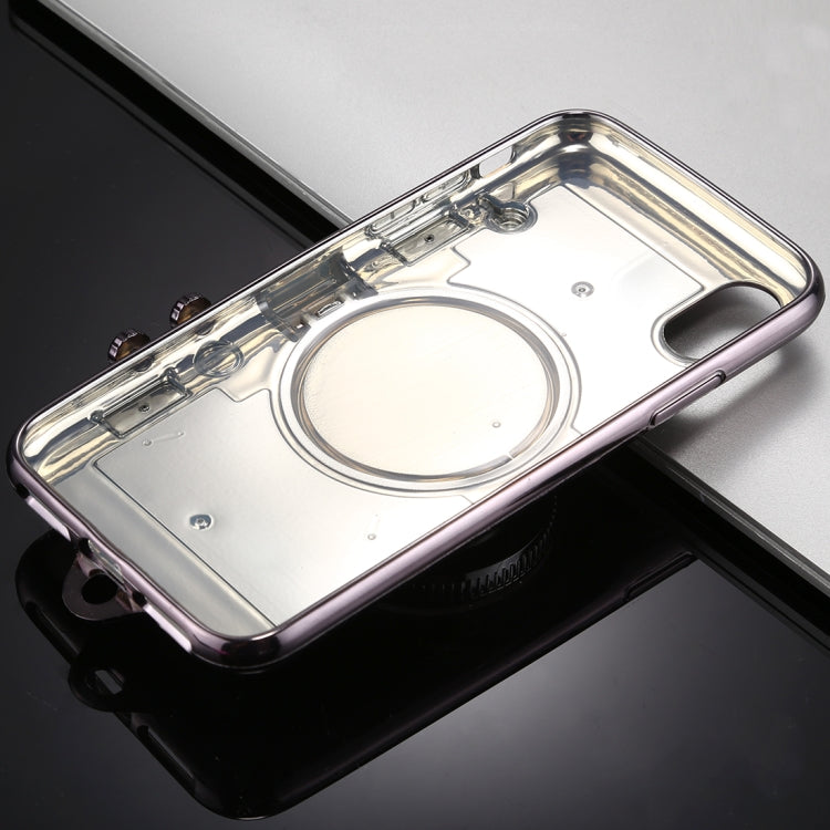 For iPhone X / XS TPU Camera Shape Mirror Glitter Protective Back Cover Case  with Holder & Lanyard(Black)