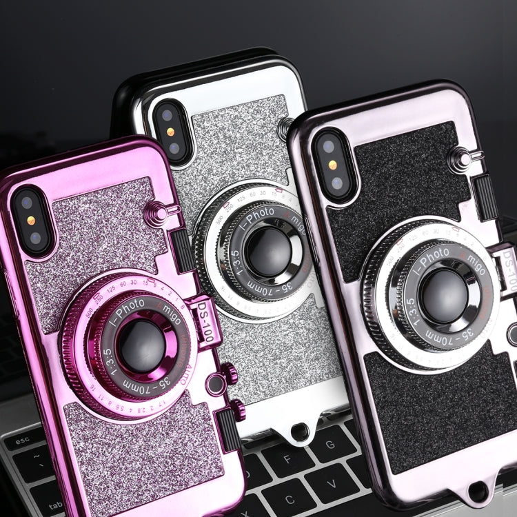 For iPhone X / XS TPU Camera Shape Mirror Glitter Protective Back Cover Case  with Holder & Lanyard(Black)