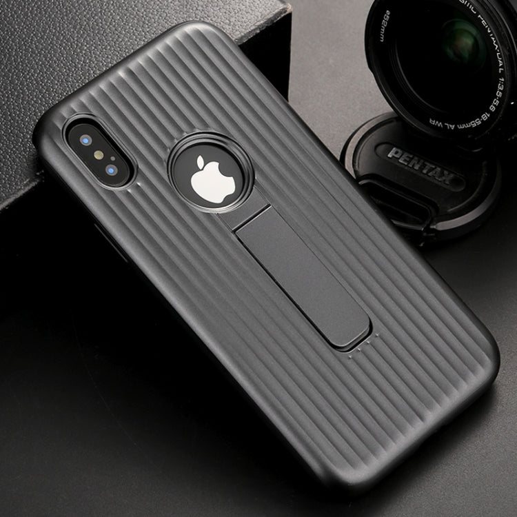 For iPhone X / XS Silicone & PU Striped Texture Two In One Metal Phone Case with Holder