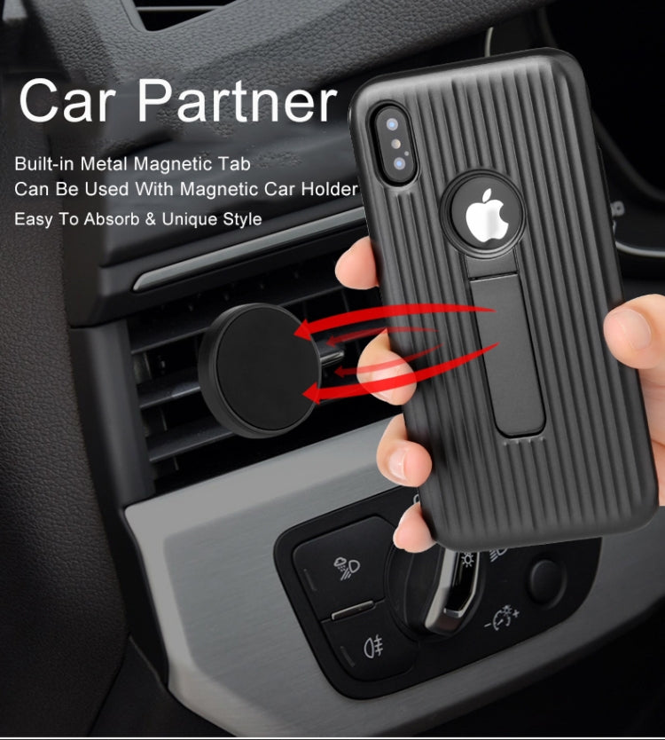 For iPhone X / XS Silicone & PU Striped Texture Two In One Metal Phone Case with Holder