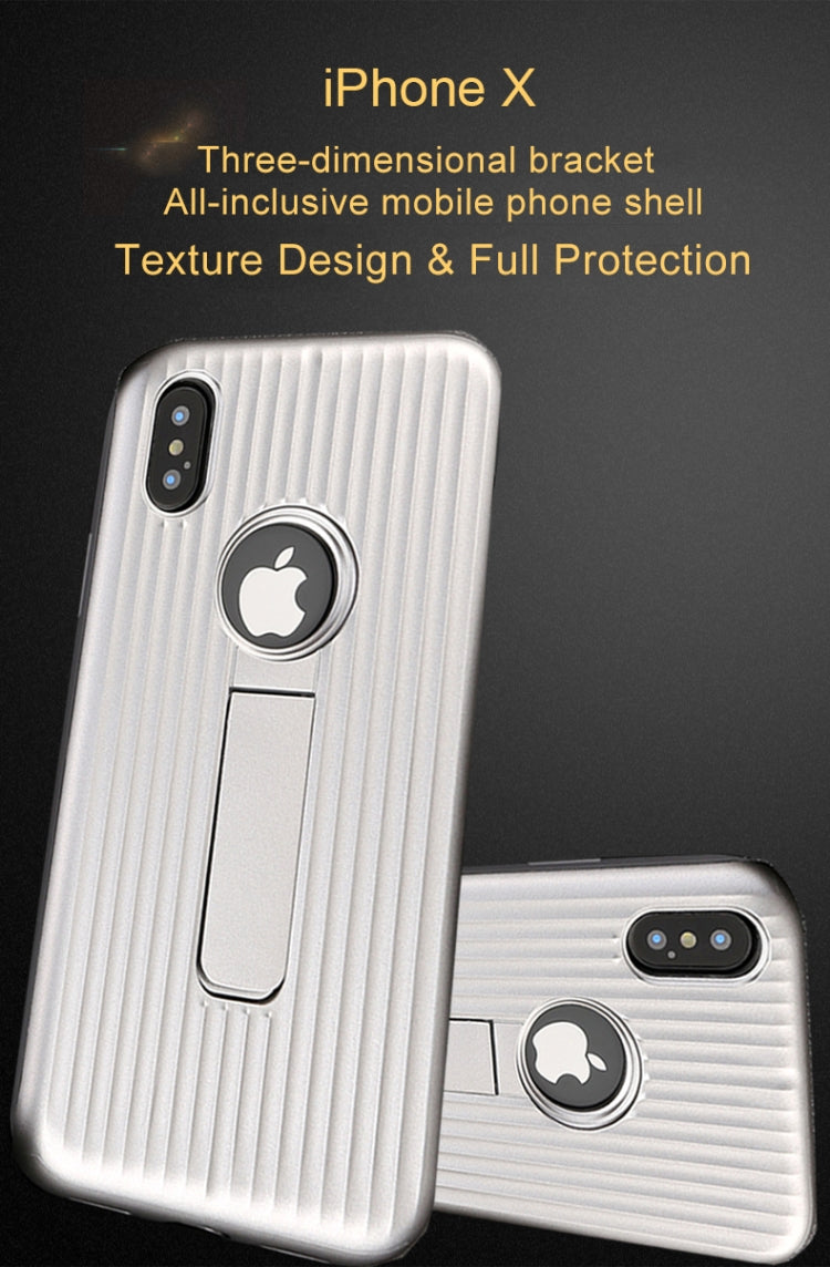 For iPhone X / XS Silicone & PU Striped Texture Two In One Metal Phone Case with Holder