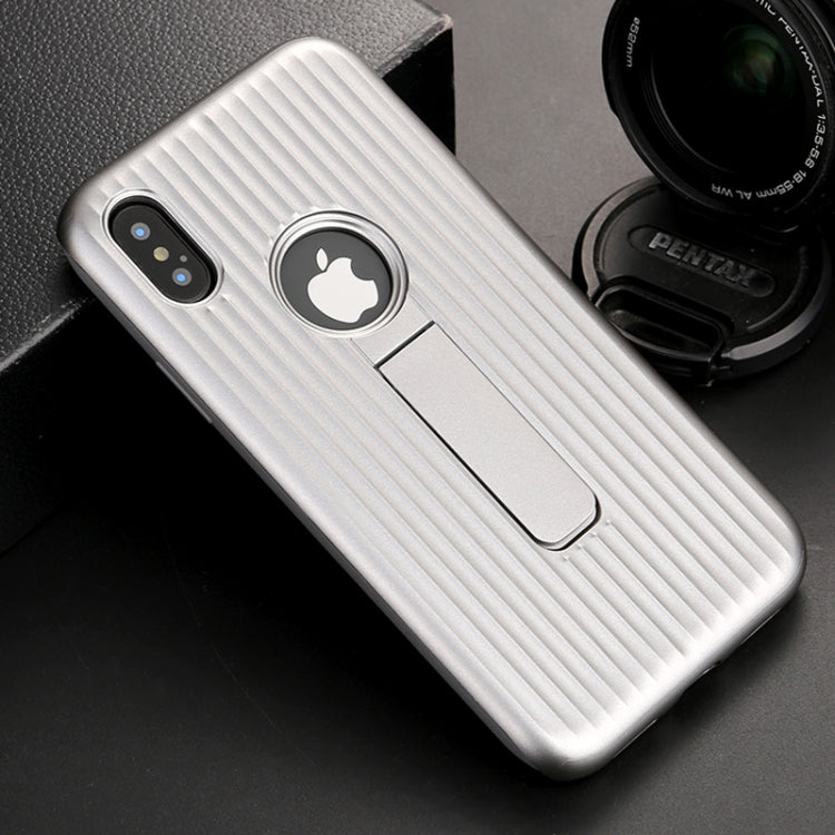 For iPhone X / XS Silicone & PU Striped Texture Two In One Metal Phone Case with Holder