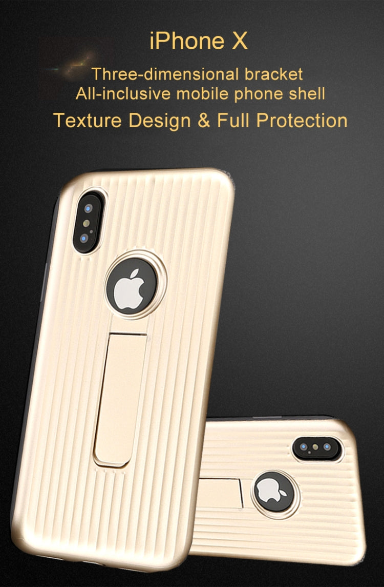 For iPhone X / XS Silicone & PU Striped Texture Two In One Metal Phone Case with Holder