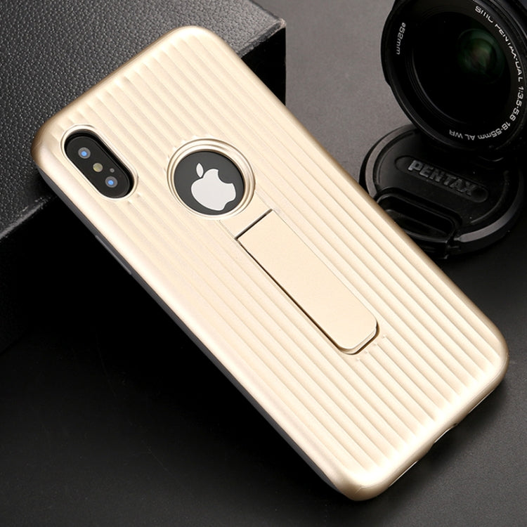 For iPhone X / XS Silicone & PU Striped Texture Two In One Metal Phone Case with Holder