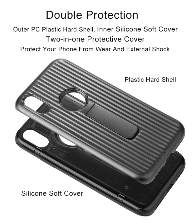 For iPhone X / XS Silicone & PU Striped Texture Two In One Metal Phone Case with Holder