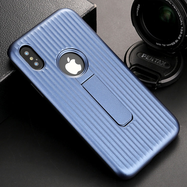 For iPhone X / XS Silicone & PU Striped Texture Two In One Metal Phone Case with Holder
