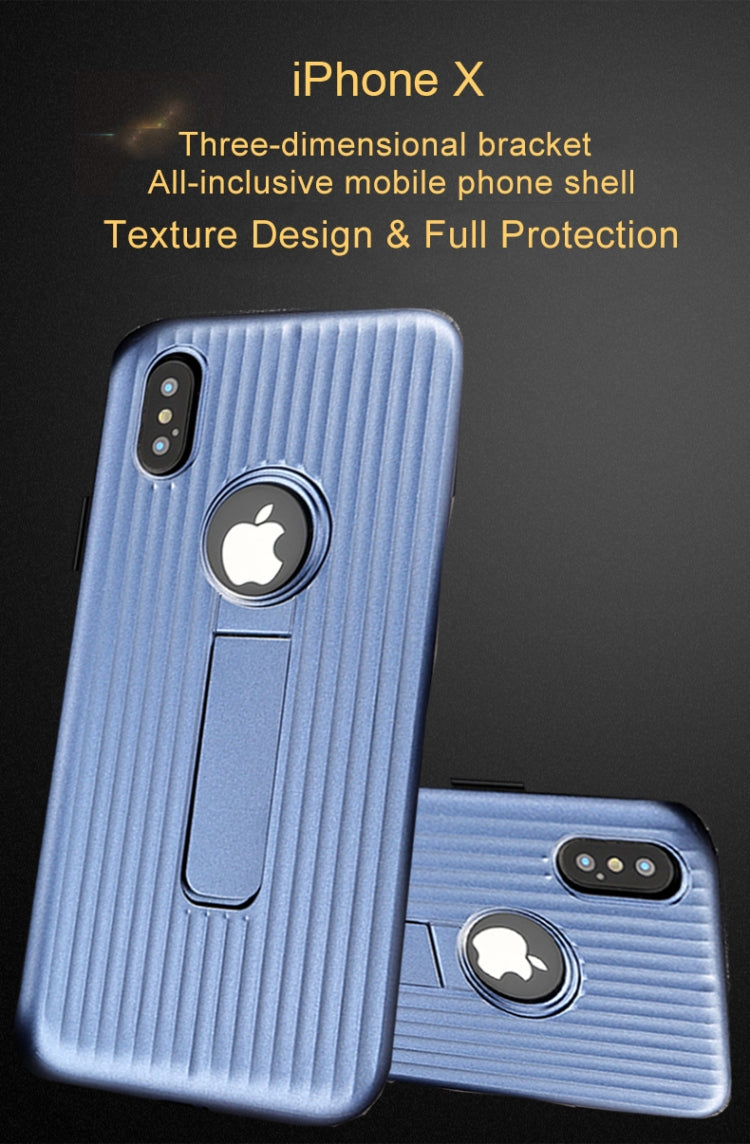 For iPhone X / XS Silicone & PU Striped Texture Two In One Metal Phone Case with Holder
