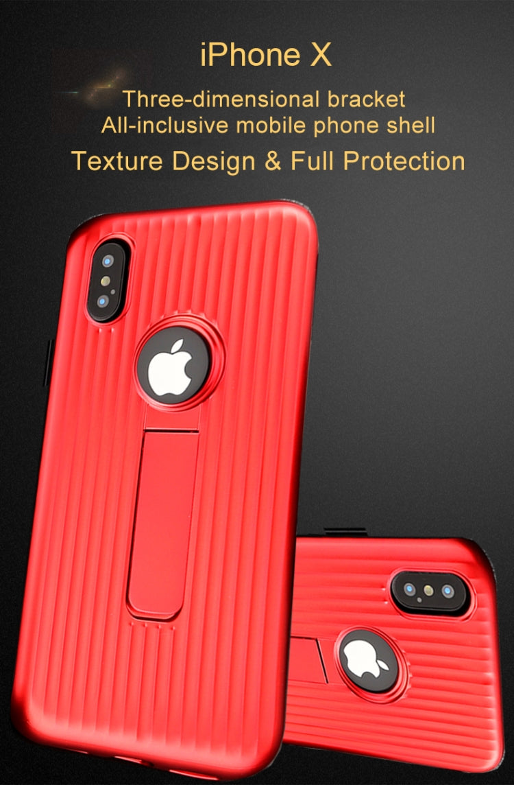 For iPhone X / XS Silicone & PU Striped Texture Two In One Metal Phone Case with Holder