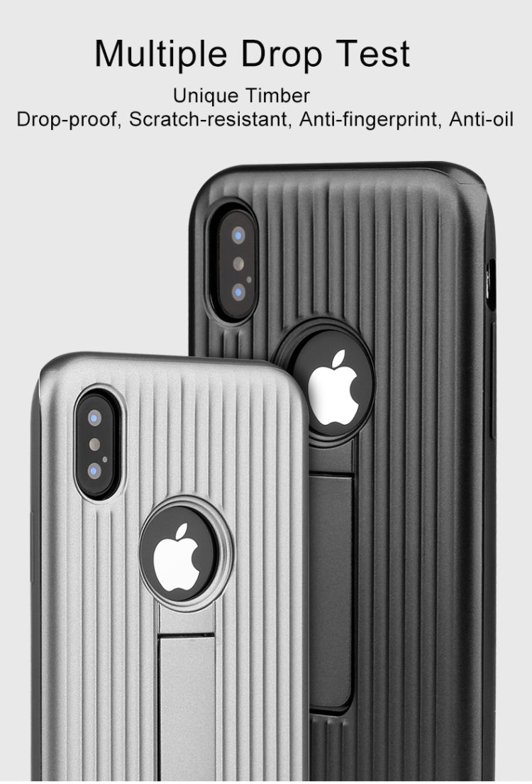 For iPhone X / XS Silicone & PU Striped Texture Two In One Metal Phone Case with Holder
