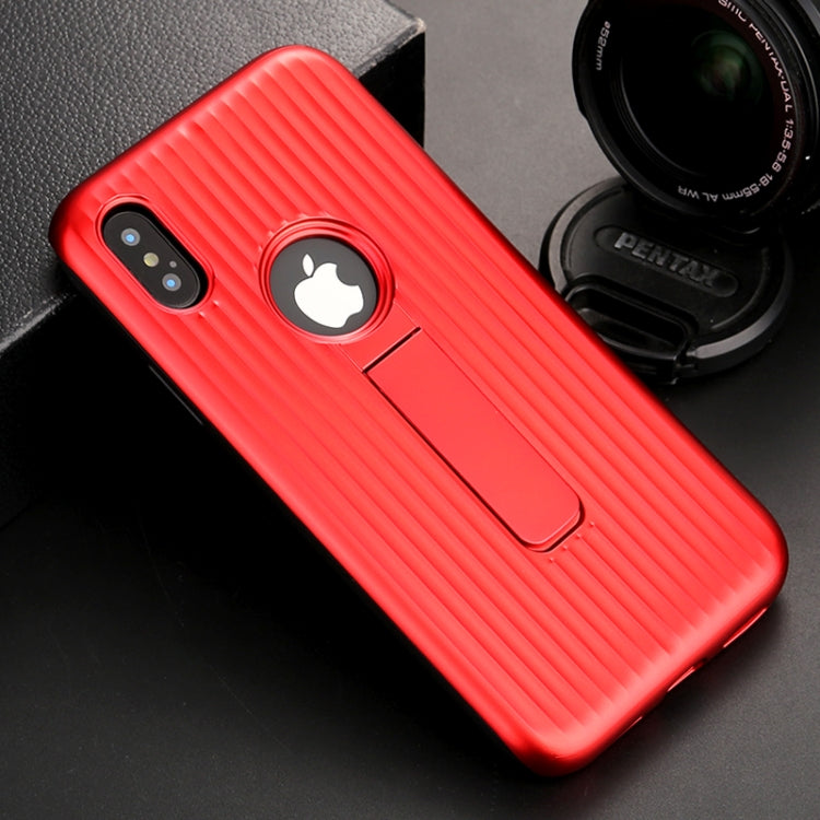 For iPhone X / XS Silicone & PU Striped Texture Two In One Metal Phone Case with Holder