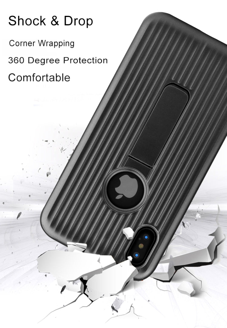 For iPhone X / XS Silicone & PU Striped Texture Two In One Metal Phone Case with Holder