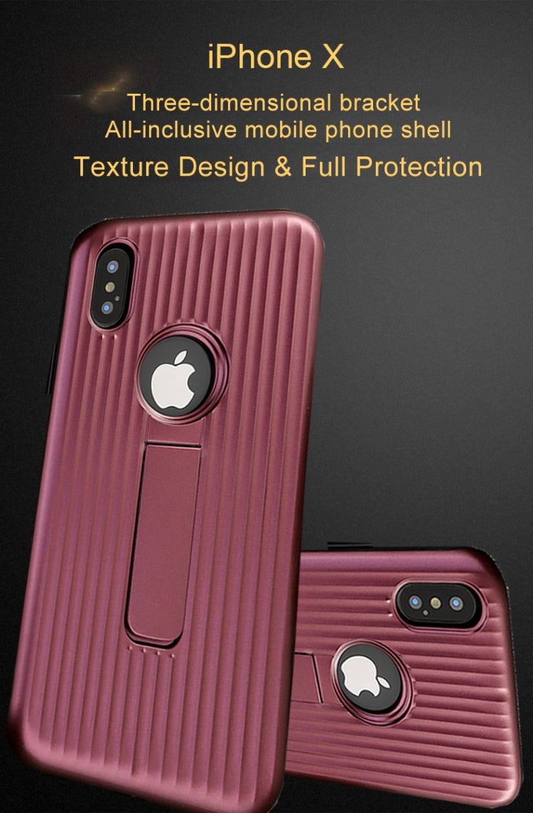 For iPhone X / XS Silicone & PU Striped Texture Two In One Metal Phone Case with Holder