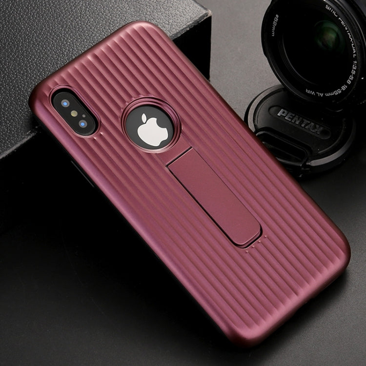 For iPhone X / XS Silicone & PU Striped Texture Two In One Metal Phone Case with Holder