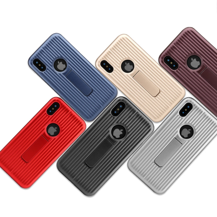 For iPhone X / XS Silicone & PU Striped Texture Two In One Metal Phone Case with Holder