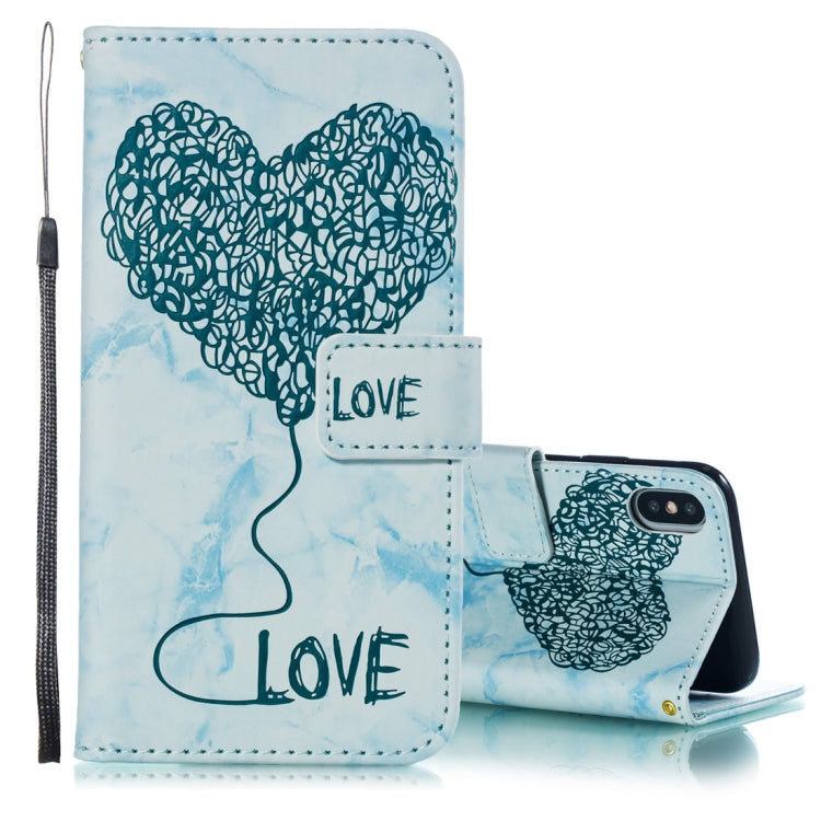 For iPhone X / XS Heart + Marble Pattern Horizontal Flip Leather Case with Holder & Card Slots & Wallet & Lanyard