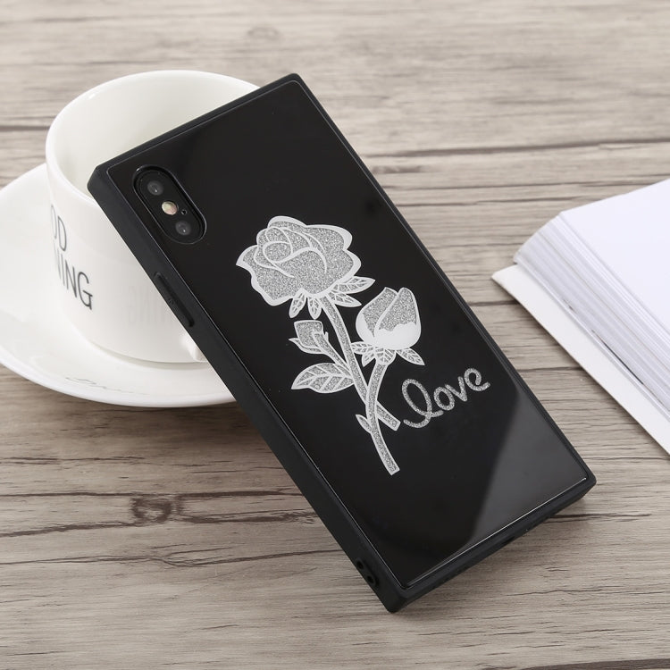 For iPhone X Glitter Rose Pattern Glass Case