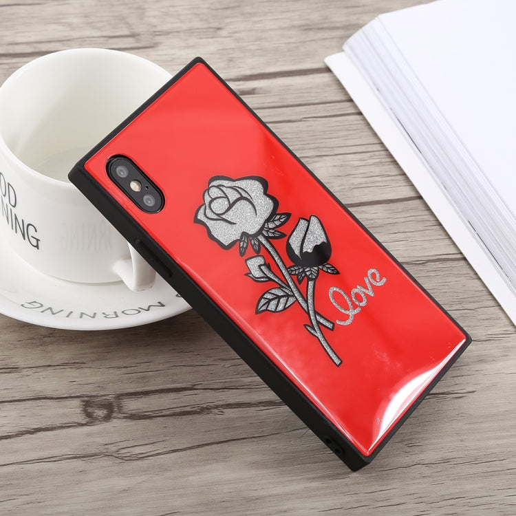 For iPhone X Glitter Rose Pattern Glass Case