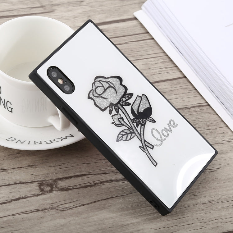 For iPhone X Glitter Rose Pattern Glass Case