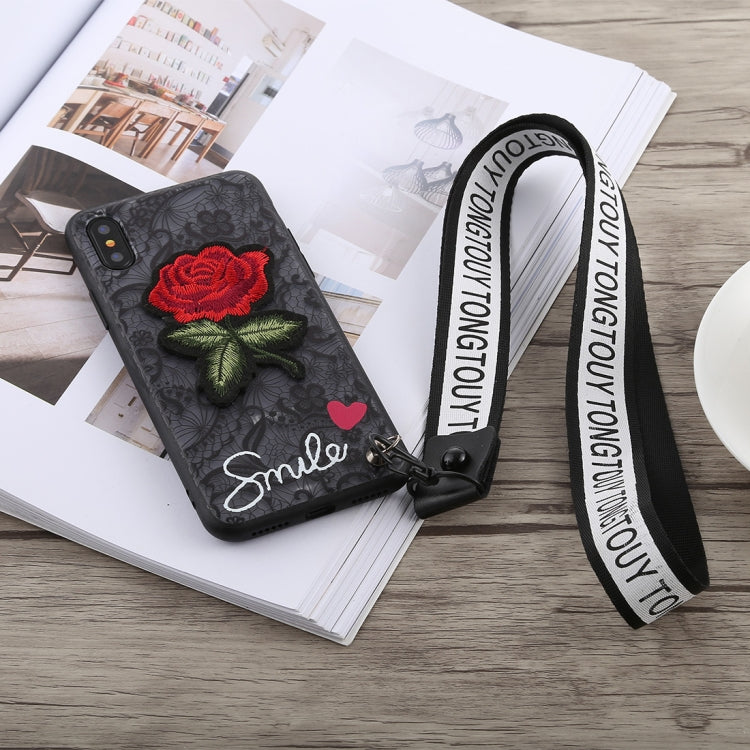 For iPhone X 3D Embroidery Rose Pattern PC Shockproof Protective Case with Lanyard