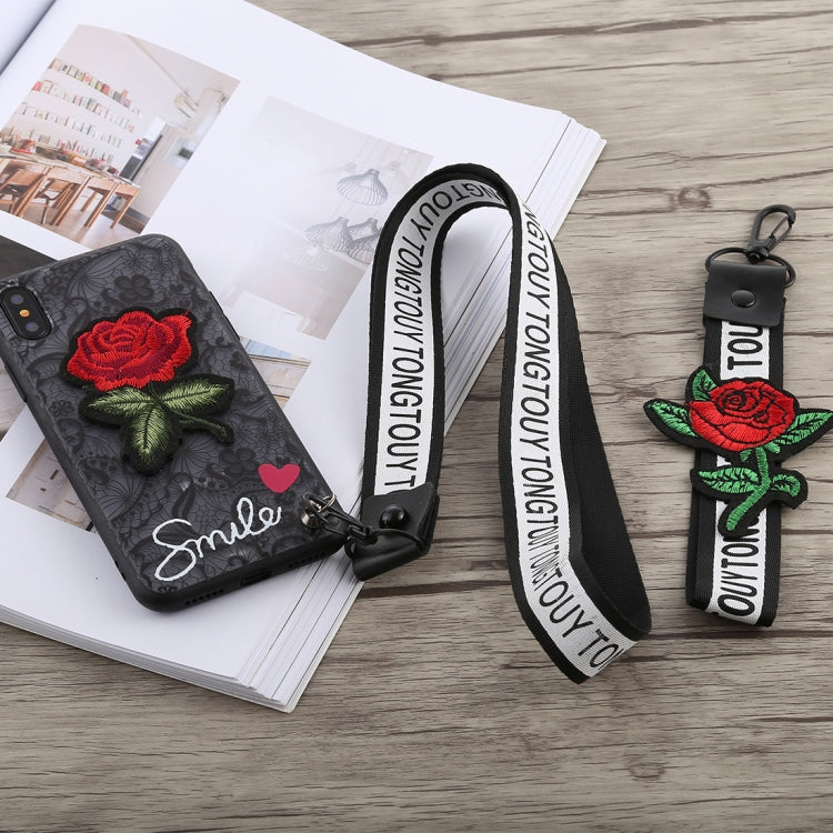 For iPhone X 3D Embroidery Rose Pattern PC Shockproof Protective Case with Lanyard