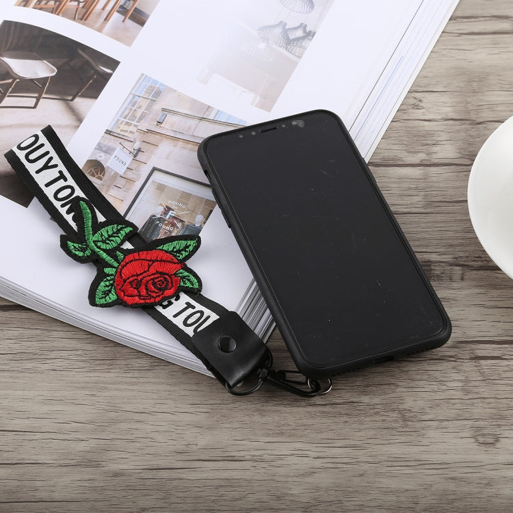 For iPhone X 3D Embroidery Rose Pattern PC Shockproof Protective Case with Lanyard