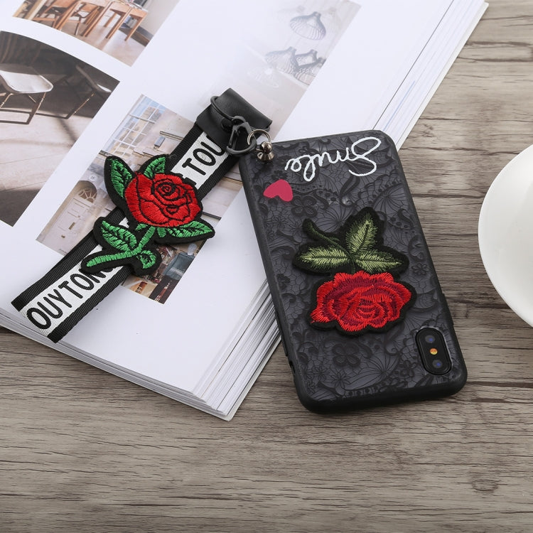 For iPhone X 3D Embroidery Rose Pattern PC Shockproof Protective Case with Lanyard