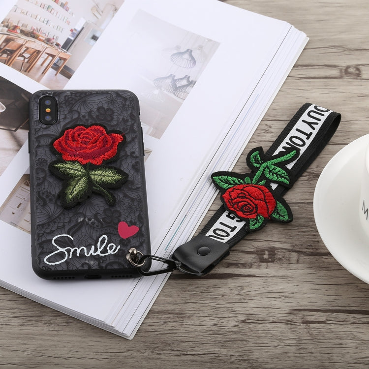 For iPhone X 3D Embroidery Rose Pattern PC Shockproof Protective Case with Lanyard