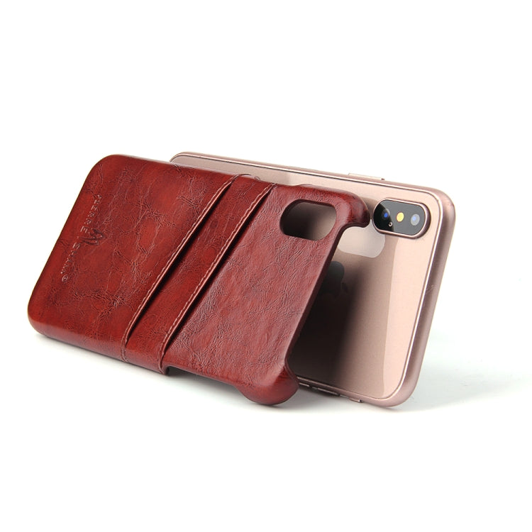 For iPhone X / XS Fierre Shann Retro Oil Wax Texture PU Leather Case with Card Slots