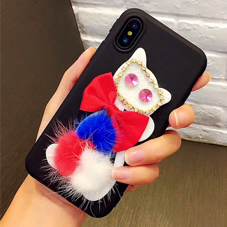 For iPhone X / XS Diamante Bowknot Cat Protective Back Cover Case with Furry Ball