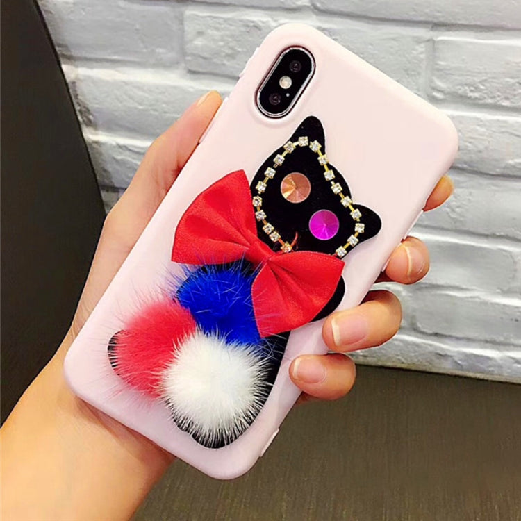 For iPhone X / XS Diamante Bowknot Cat Protective Back Cover Case with Furry Ball