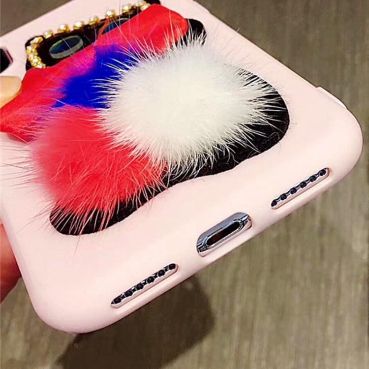 For iPhone X / XS Diamante Bowknot Cat Protective Back Cover Case with Furry Ball