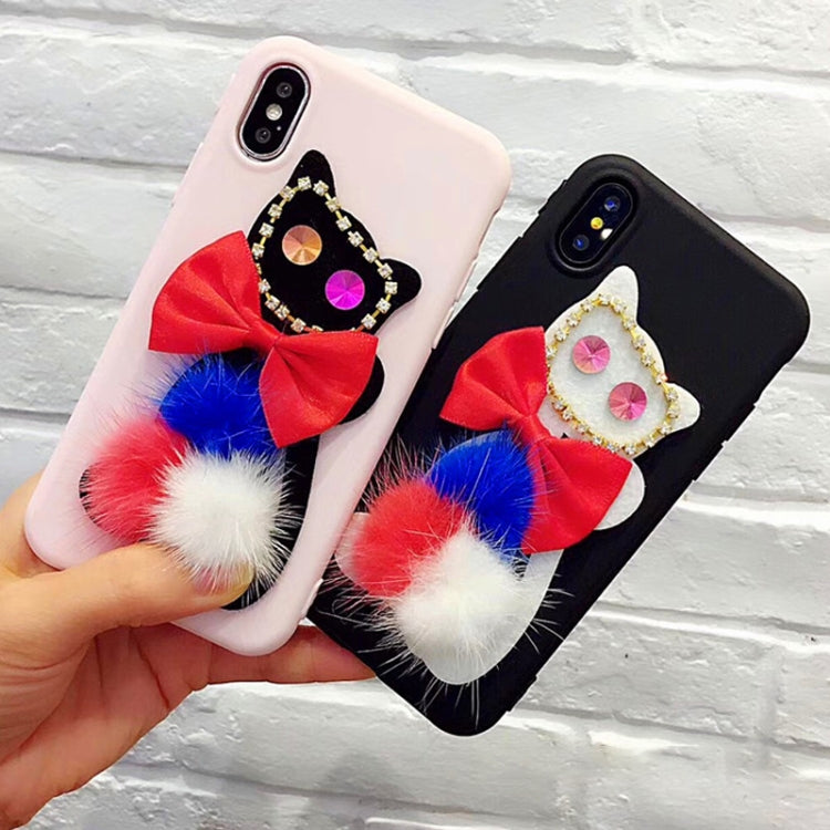 For iPhone X / XS Diamante Bowknot Cat Protective Back Cover Case with Furry Ball
