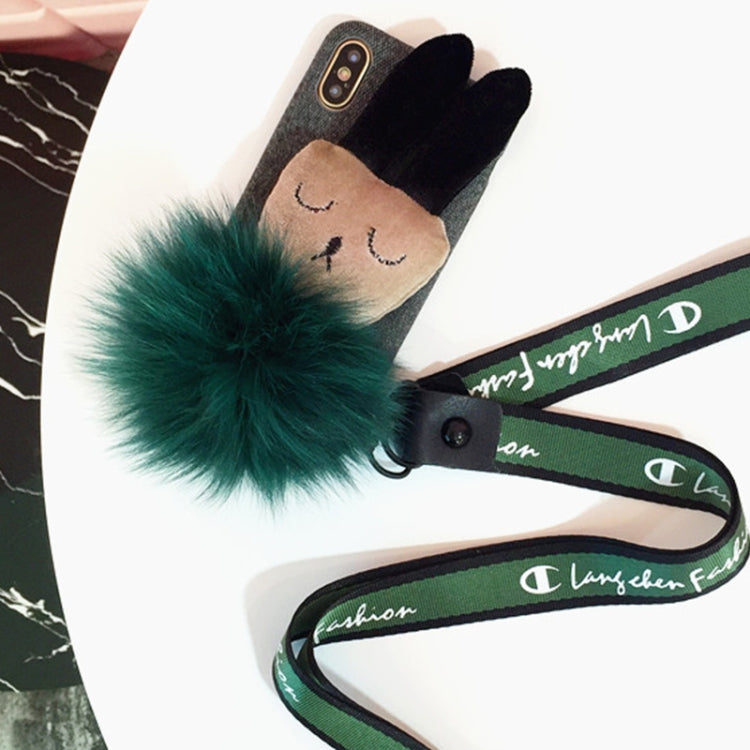 For iPhone X / XS Lovely Furry Ball Plush Rabbit Drop-proof Protective Back Cover Case with Sling & Lanyard
