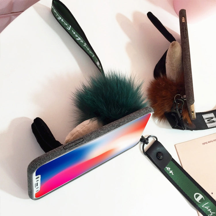 For iPhone X / XS Lovely Furry Ball Plush Rabbit Drop-proof Protective Back Cover Case with Sling & Lanyard