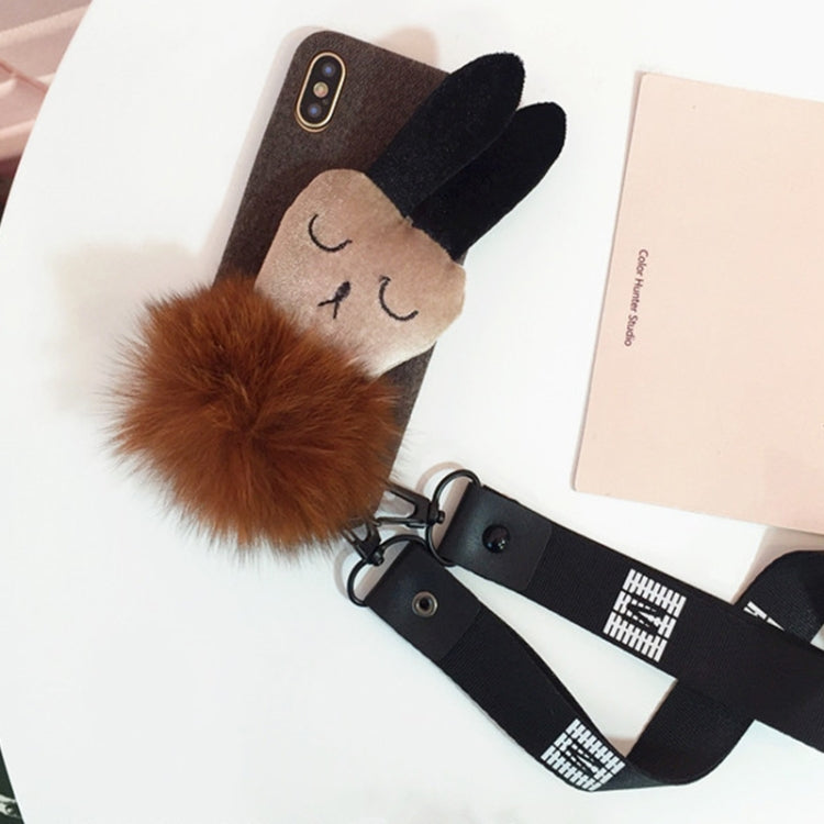 For iPhone X / XS Lovely Furry Ball Plush Rabbit Drop-proof Protective Back Cover Case with Sling & Lanyard
