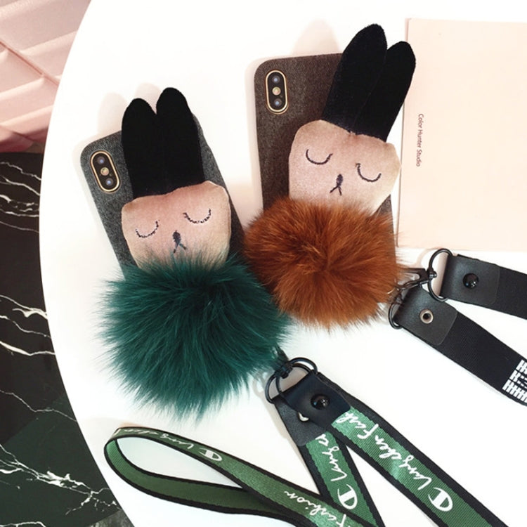 For iPhone X / XS Lovely Furry Ball Plush Rabbit Drop-proof Protective Back Cover Case with Sling & Lanyard