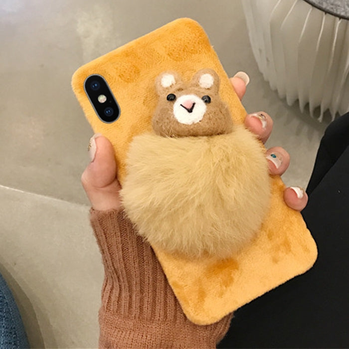 For iPhone X / XS Fashion Cute Little Bear Furry Ball Pattern Felt Plush Protective Back Cover Case