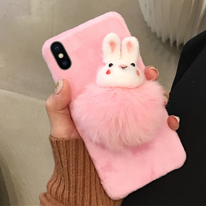 For iPhone X / XS Fashion Cute Rabbit Furry Ball Pattern Felt Plush Protective Back Cover Case