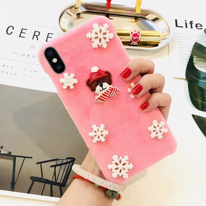 For iPhone X / XS Fashion Cute 3D Snow Christmas Bear Pattern Flannel Protective Back Cover Case