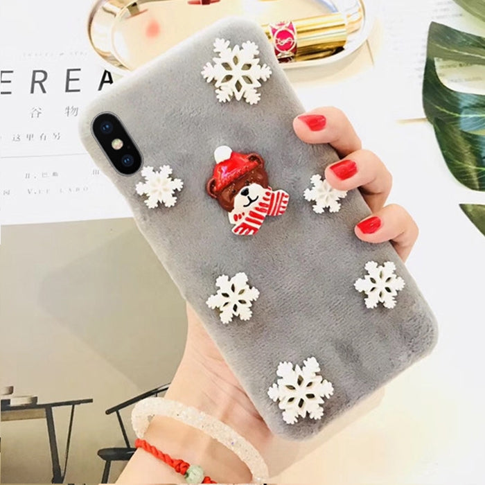 For iPhone X / XS Fashion Cute 3D Snow Christmas Bear Pattern Flannel Protective Back Cover Case