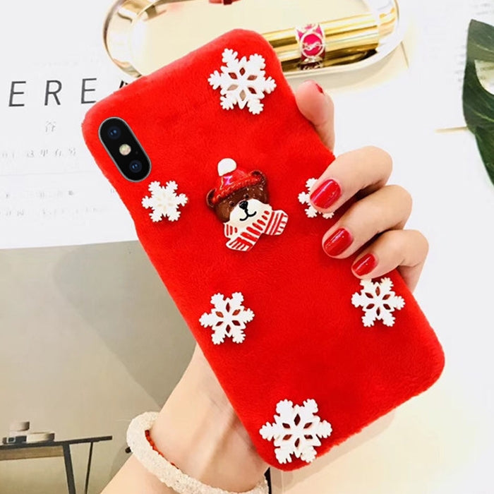 For iPhone X / XS Fashion Cute 3D Snow Christmas Bear Pattern Flannel Protective Back Cover Case