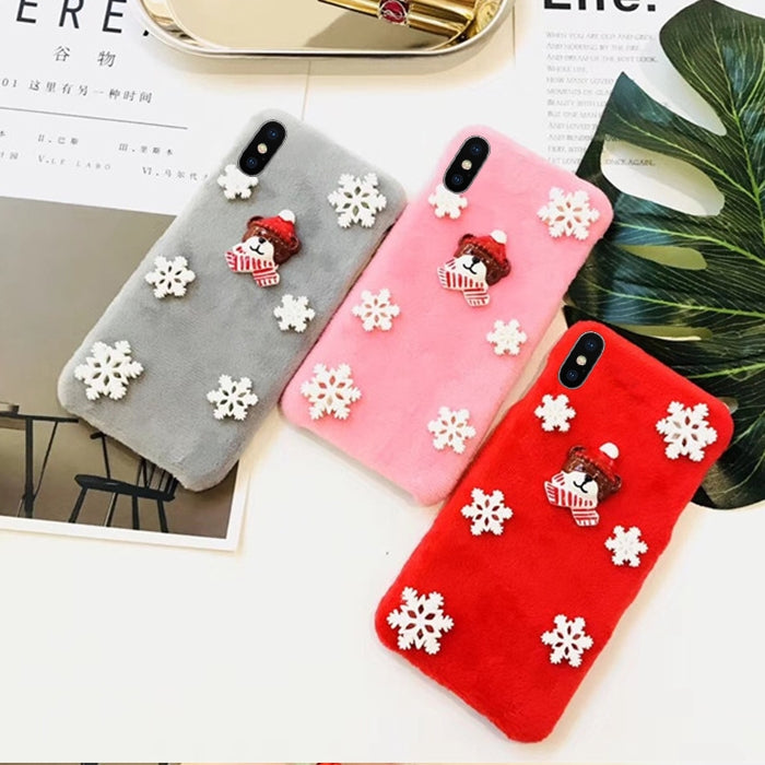 For iPhone X / XS Fashion Cute 3D Snow Christmas Bear Pattern Flannel Protective Back Cover Case