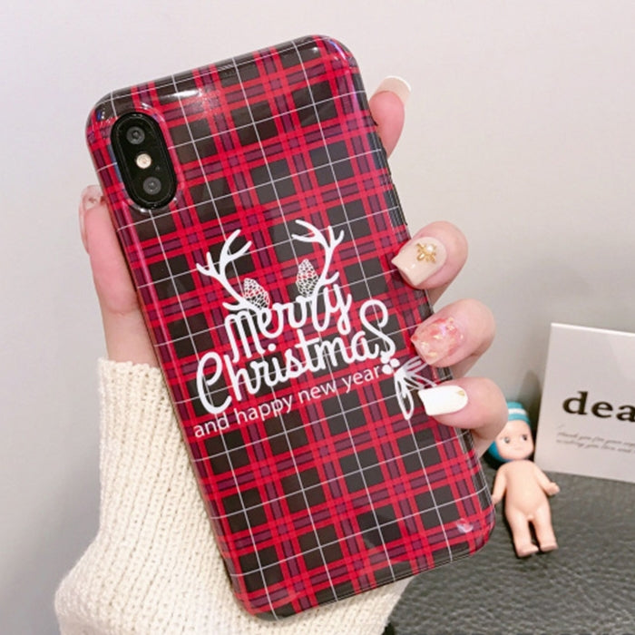 For iPhone X / XS Fashion Red Lattice Merry Christmas and Happy New Year Elk Horn Pattern Protective Back Cover Case