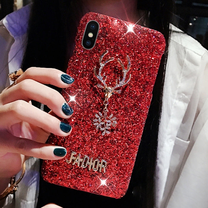 For iPhone X / XS Fashion Cute 3D Diamond Elk Pattern Glitter Powder Protective Back Cover Case