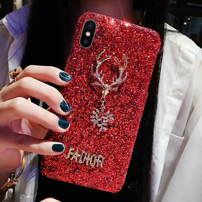 For iPhone X / XS Fashion Cute 3D Diamond Elk Pattern Glitter Powder Protective Back Cover Case