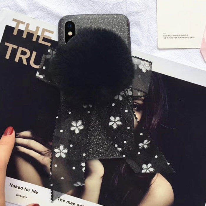 For iPhone X / XS Fashion Cute 3D Lace Butterfly Knot Furry Ball Pattern Flannel Protective Back Cover Case (Black)