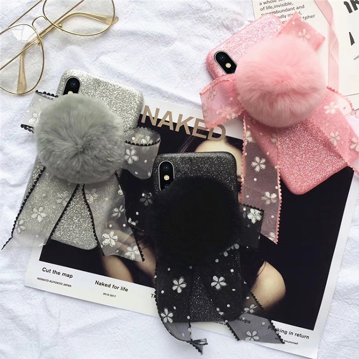 For iPhone X / XS Fashion Cute 3D Lace Butterfly Knot Furry Ball Pattern Flannel Protective Back Cover Case (Black)